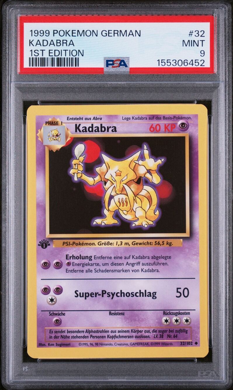 PSA 9 MINT Kadabra 1st Edition 32/102 Pokémon 1999 German Base Set Graded Card